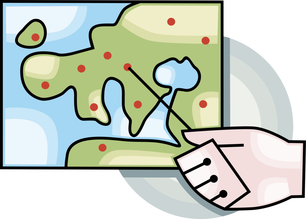 Vector Illustration of Hand with Pointer and Geographic Cartography Map