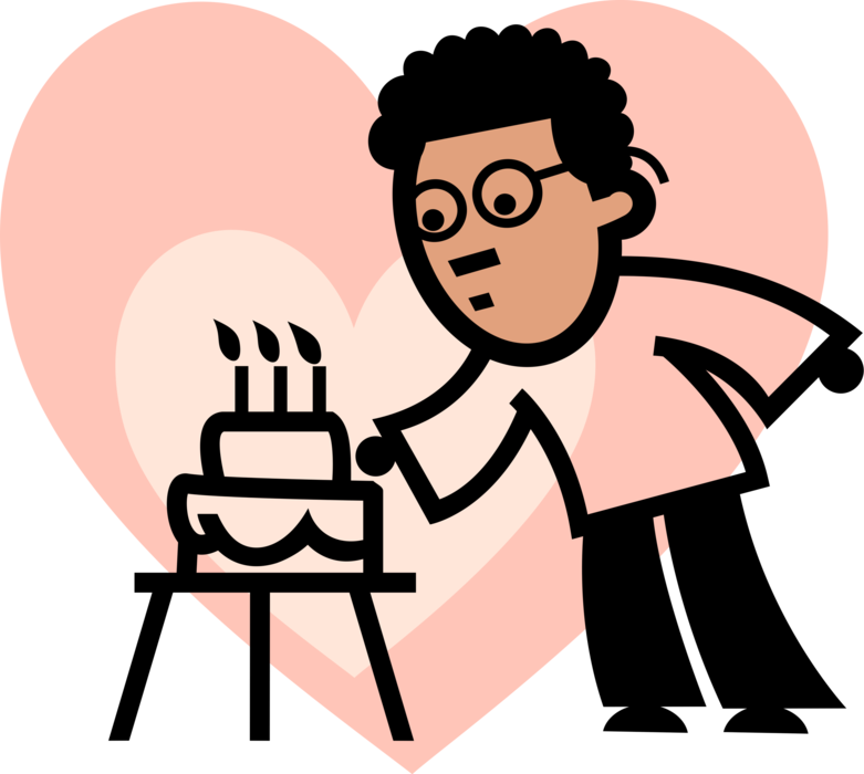 Vector Illustration of African American Birthday Boy Blows Out Lit Candles on Birthday Cake