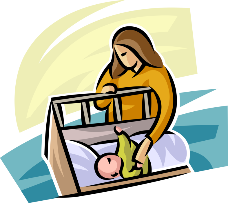 Vector Illustration of Newborn Infant Baby Sleeps in Crib with Nurturing Mother