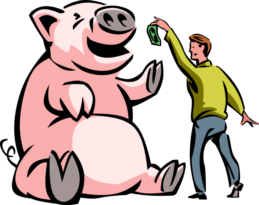 Vector Illustration of Thrifty Businessman Dangles Hard Earned Money Savings to Feed Piggy Bank