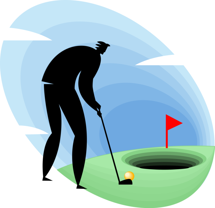 Vector Illustration of Businessman Golfer Playing Golf Swings Club at Ball on Golfing Green Hole