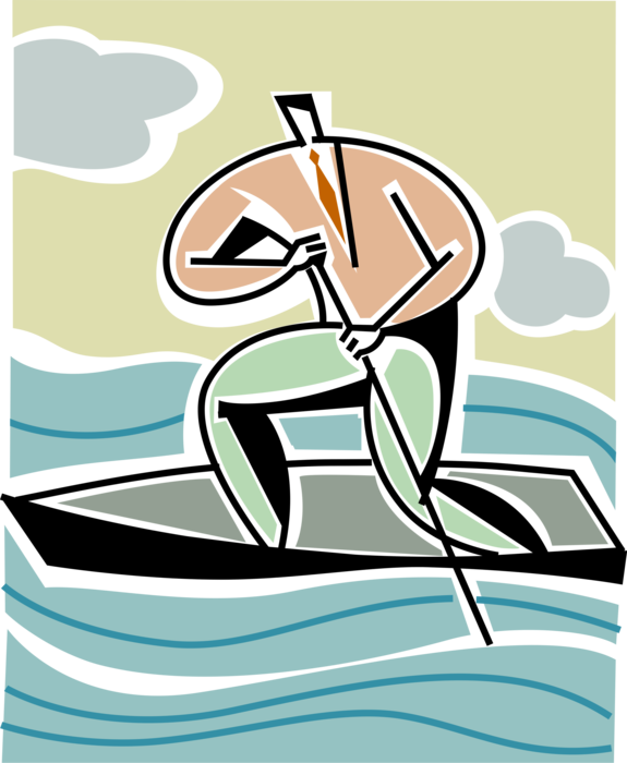 Vector Illustration of Businessman in Rowboat Watercraft Vessel Boat with Oar Paddle
