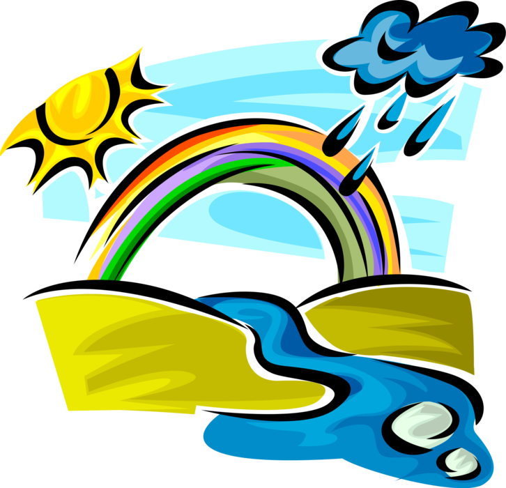 Vector Illustration of Weather Forecast Sunshine with Rain Clouds and Rainbow