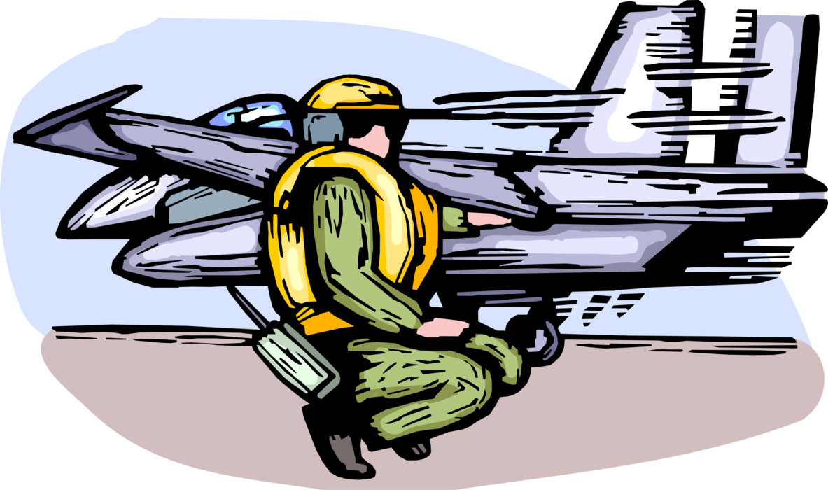 Vector Illustration of United States Navy Aircraft Carrier Air Operation Flight Deck Catapult Crew Signals Launch