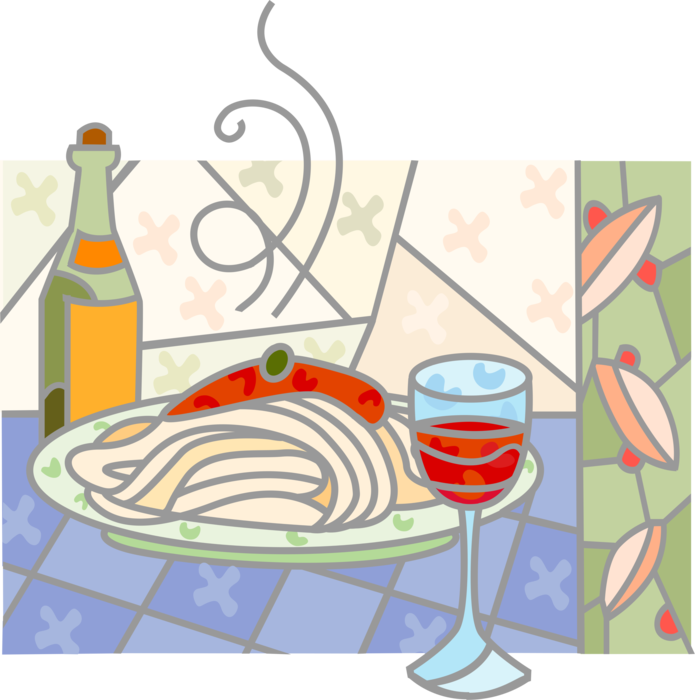 Vector Illustration of Italian Pasta Dinner Spaghetti and Tomato Sauce with Glass of Wine and Floral Ceramic Tiles