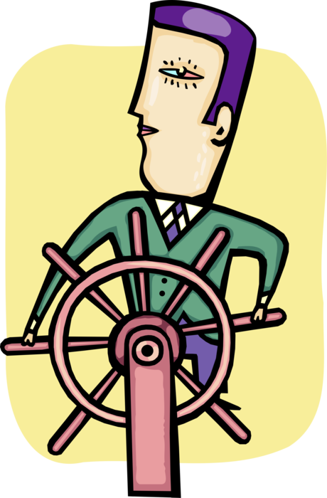 Vector Illustration of Mariner Sea Captain Businessman Steers Ship's Helm Wheel or Boat's Wheel to Change Vessel's Course