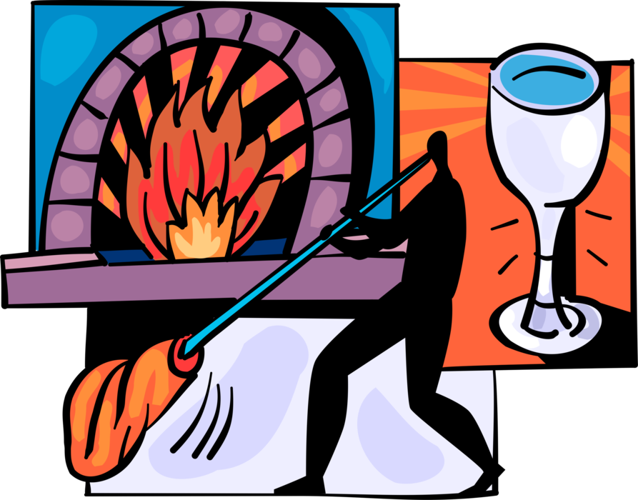 Vector Illustration of Glass Blower Inflating Molten Glass into Bubble with Aid of Blowpipe or Blow Tube