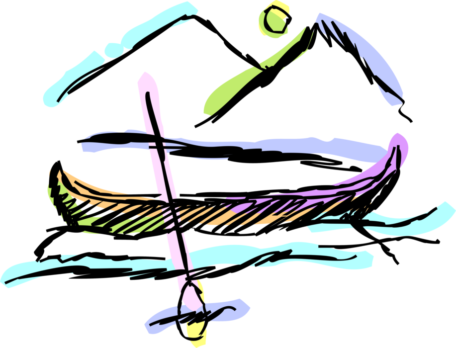 Vector Illustration of Canoe Watercraft Boat with Oar Paddle on River in Mountain Wilderness