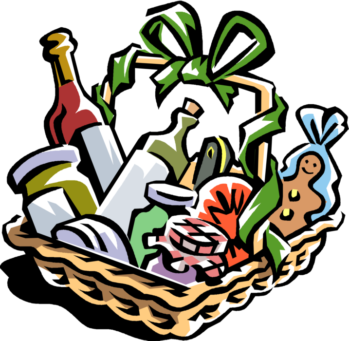 Vector Illustration of Food Basket Filled with Christmas Goodies and Specialties