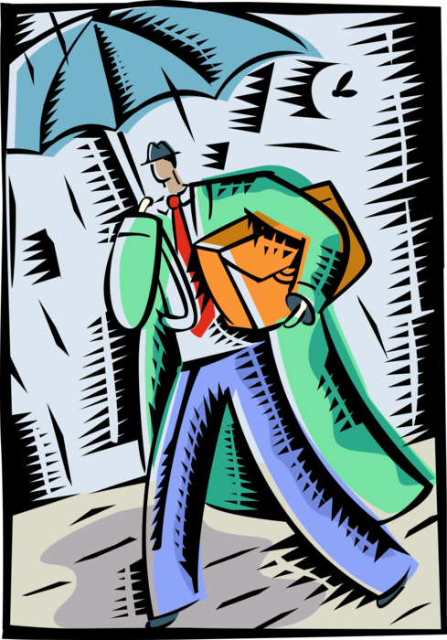 Vector Illustration of Businessman Walks with Portfolio Briefcase in Rain with Raincoat and Umbrella