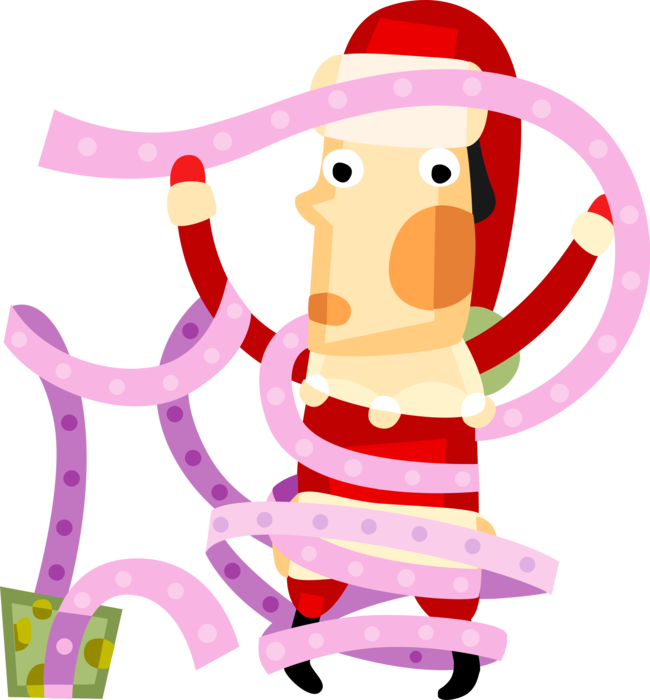 Vector Illustration of Santa Claus, Saint Nicholas, Saint Nick, Father Christmas, Tangled in Wrapping Paper
