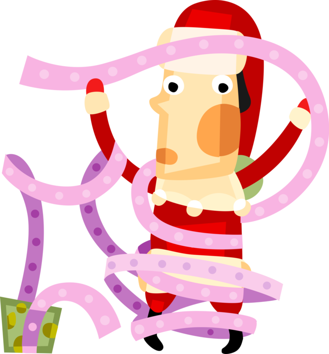 Vector Illustration of Santa Claus, Saint Nicholas, Saint Nick, Father Christmas, Tangled in Wrapping Paper