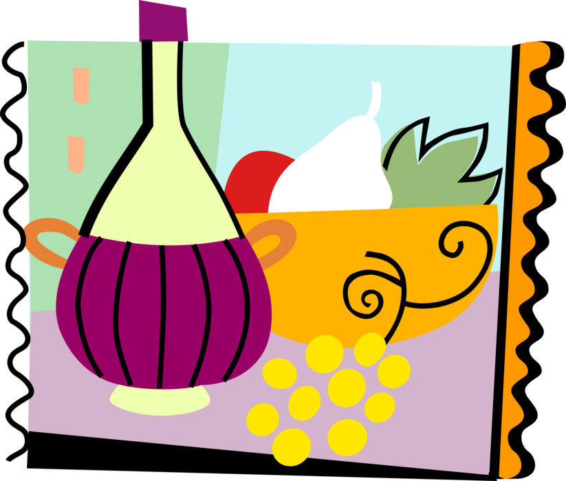 Vector Illustration of Bottle of Wine and Fruit Bowl with Grapes on Table