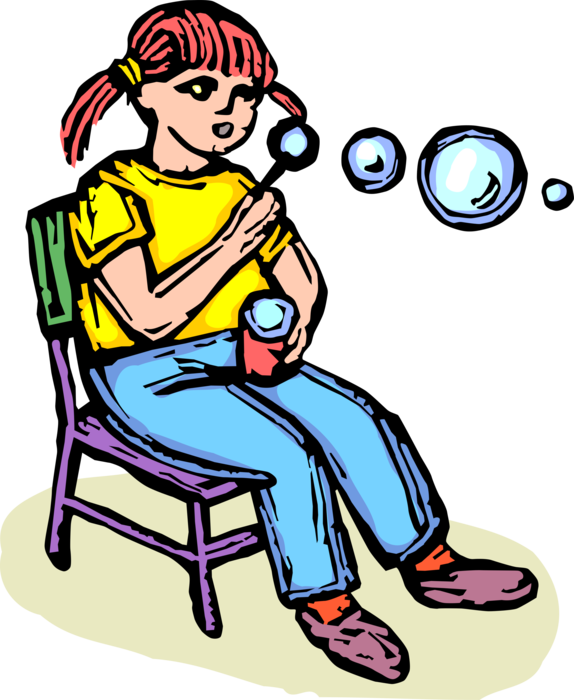 Vector Illustration of Girl Sits in Chair Blows Soap Bubbles