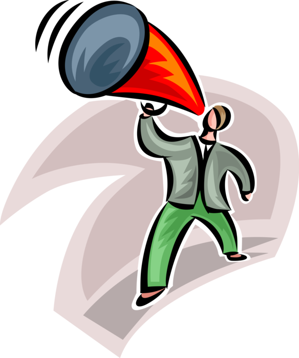 Vector Illustration of Businessman Makes Announcement with Megaphone or Bullhorn to Amplify Voice