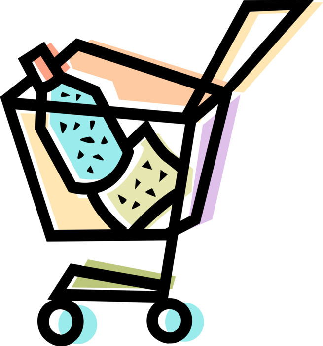 Vector Illustration of Supermarket Grocery Store Shopping Cart with Groceries