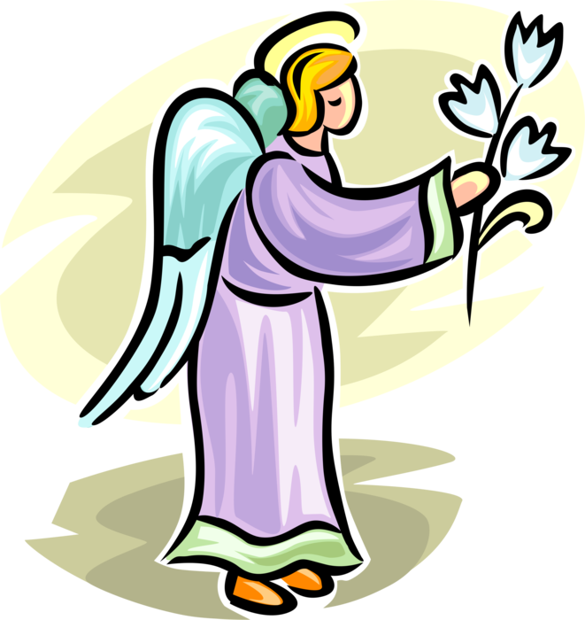 Vector Illustration of Angelic Spiritual Winged Angel with Halo and Easter Lily Flower