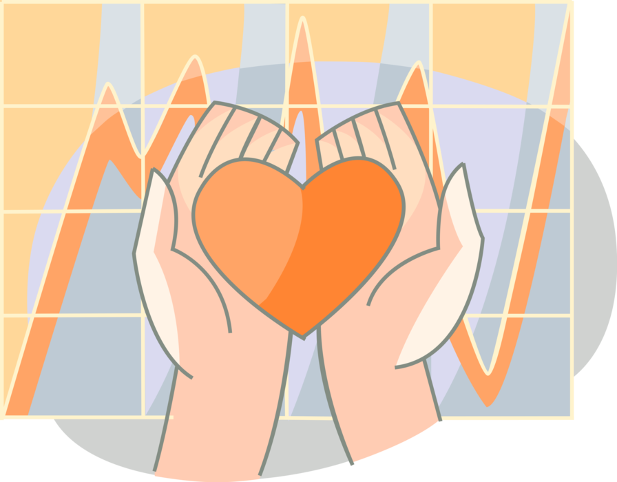 Vector Illustration of Hands Hold Healthy Human Heart with Heart Monitoring EKG Stress Test Chart