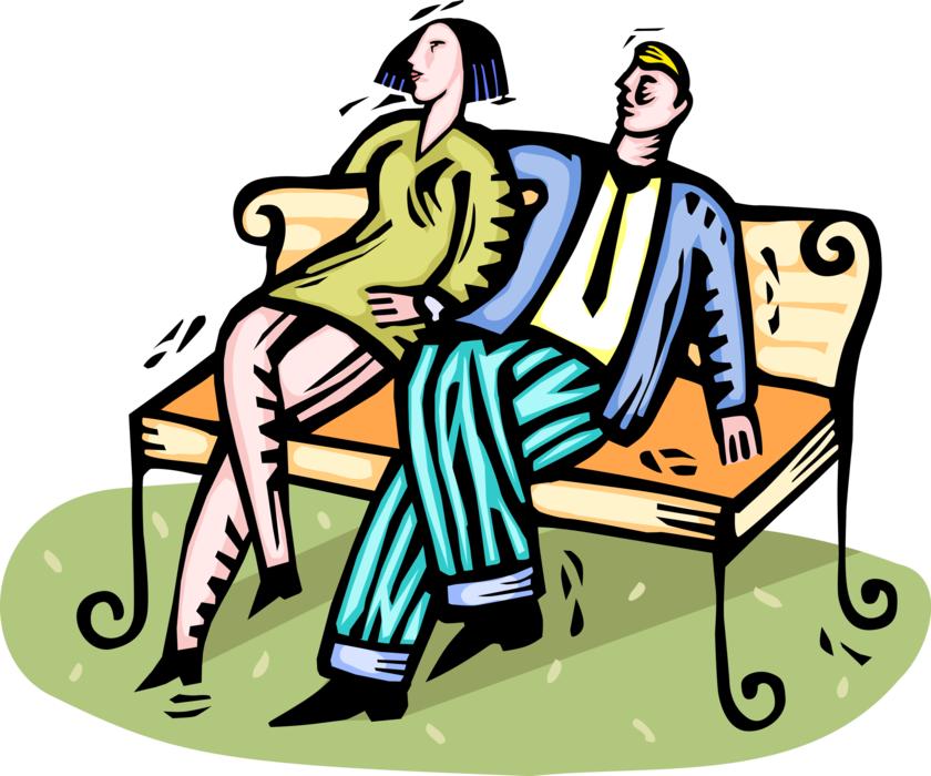 Vector Illustration of Romantic Couple Sit and Relax on Park Bench