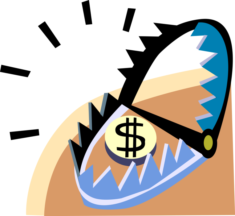Vector Illustration of Financial Animal Leg Trap with Cash Money Dollar Bait
