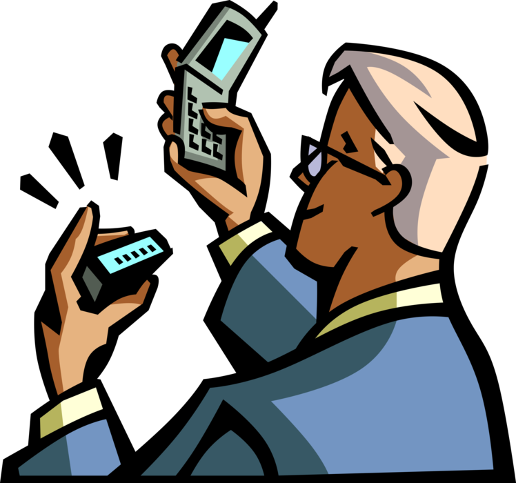 Vector Illustration of Businessman Checks Pager and Makes Call on Mobile Cell Phone Telephone