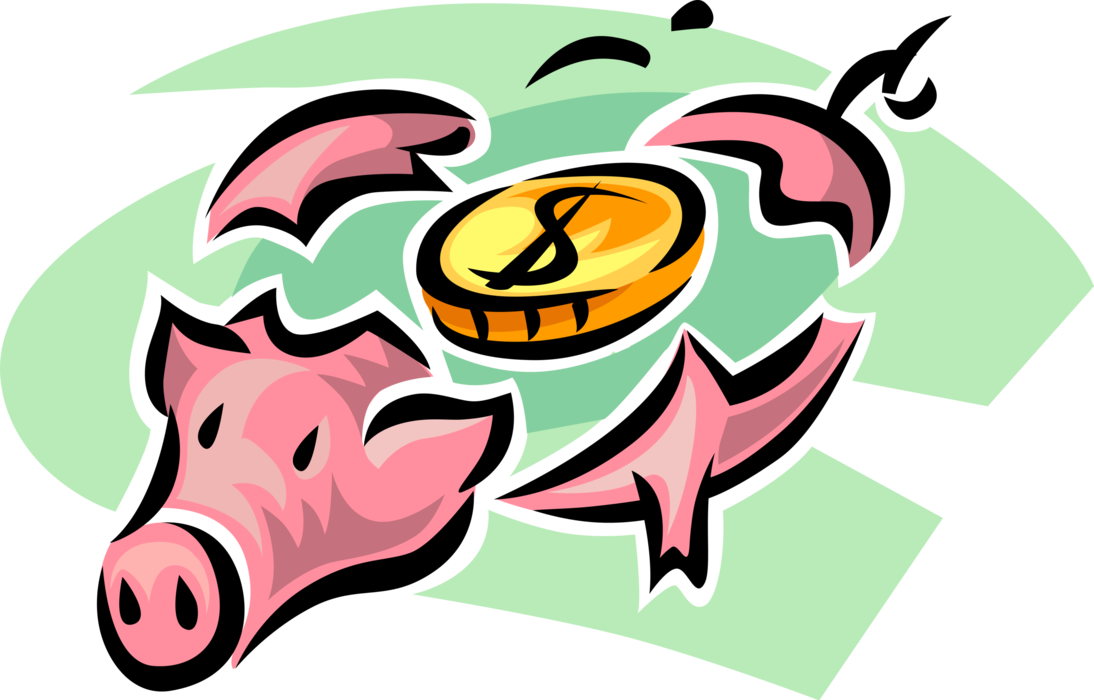 Vector Illustration of Smashed or Broken Piggy Bank with Cash Money Dollar Savings