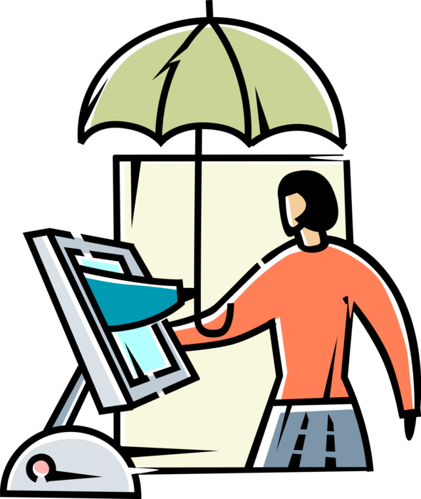 Vector Illustration of Businesswoman Purchases Insurance Policy Umbrella Coverage via Online Internet Computer