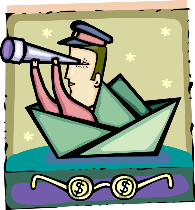 Vector Illustration of Seafaring Mariner Ship's Captain with Spyglass Telescope Searches for Financial Success in Paper Boat