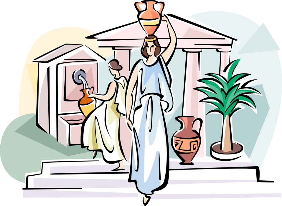 Vector Illustration of Women in Ancient Greece Carry Amphora Containers Carrying Water
