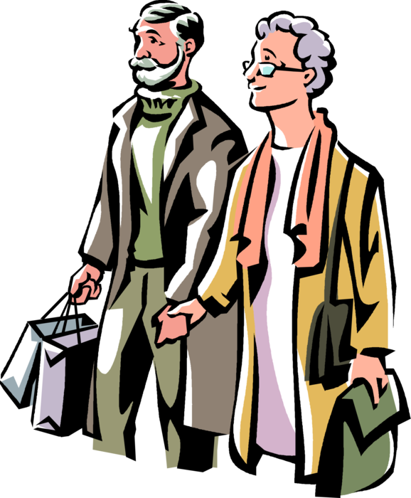 Vector Illustration of Retired Elderly Couple Go Retail Shopping for Christmas Gifts