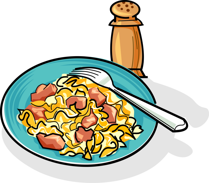 Vector Illustration of Pasta Macaroni with Shrimp Dinner on Plate with Fork and Pepper Shaker