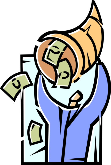 Vector Illustration of Businessman Harvests Financial Cash Money Dollar Profits from Cornucopia Horn of Plenty