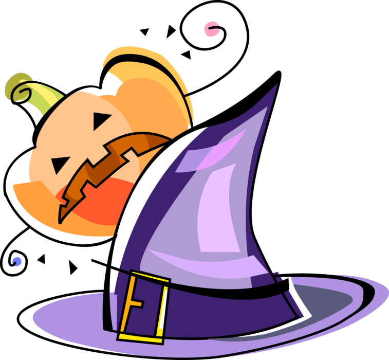 Vector Illustration of Halloween Sorceress Witch's Hat and Pumpkin Carved Jack-o'-Lantern