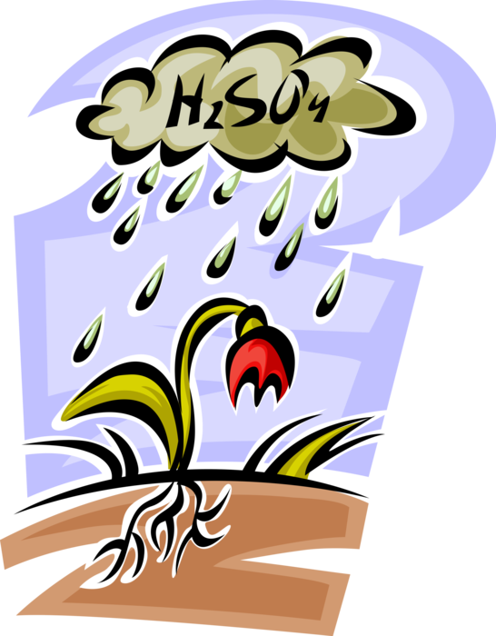 Vector Illustration of Sulfur Dioxide Released into Air Forms Sulfuric Acid Rain H2SO4 Pollution