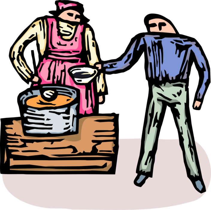 Vector Illustration of Volunteer Working in Soup Kitchen Helping the Homeless