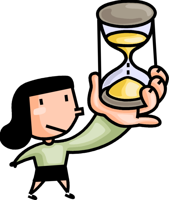 Vector Illustration of Youthful Junior Executive Businesswoman Manages Time with Hourglass Sands of Time