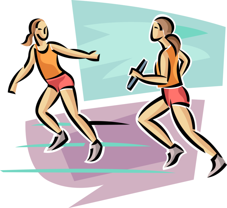 Vector Illustration of Track and Field Athletic Sport Contest Relay Runners Pass Baton in Competitive Race
