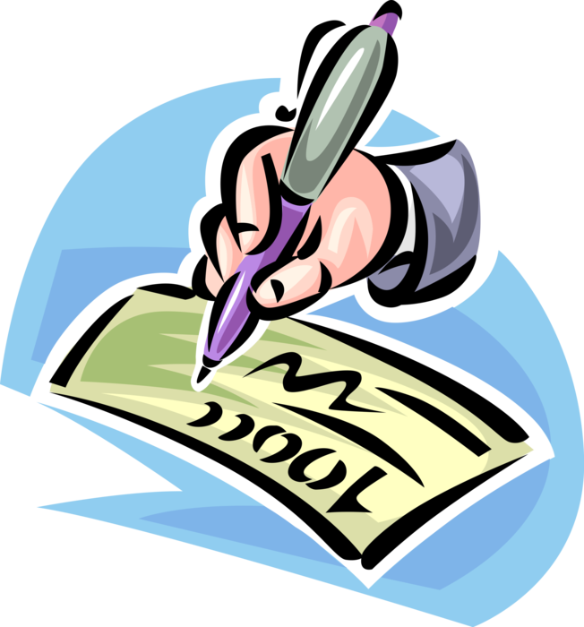 Vector Illustration of Hand with Fountain Pen Signing Check or Cheque Book to Authorize Transfer of Money