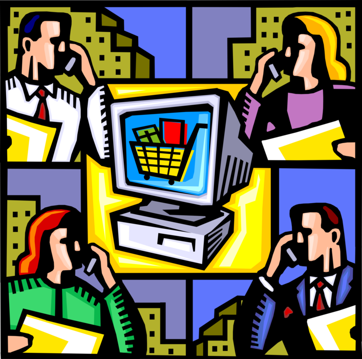 Vector Illustration of Business to Business Online Sales and Purchase Transactions with Computer and Shopping Cart