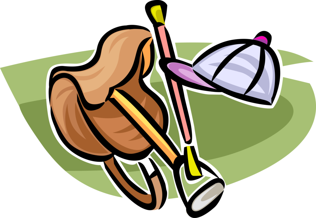 Vector Illustration of Equestrian Horse Riding Saddle, Polo Mallet, and Polo Cap