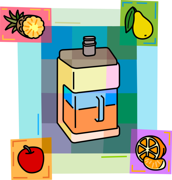 Vector Illustration of Fresh Squeezed Fruit Juice with Pineapple, Pears, Apples & Oranges