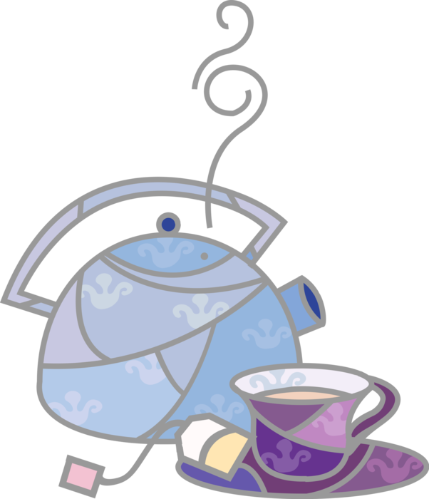 Vector Illustration of Small Kitchen Appliance Kettle for Boiling Water and Teacup with Tea Bag for Brewing or Steeping Tea