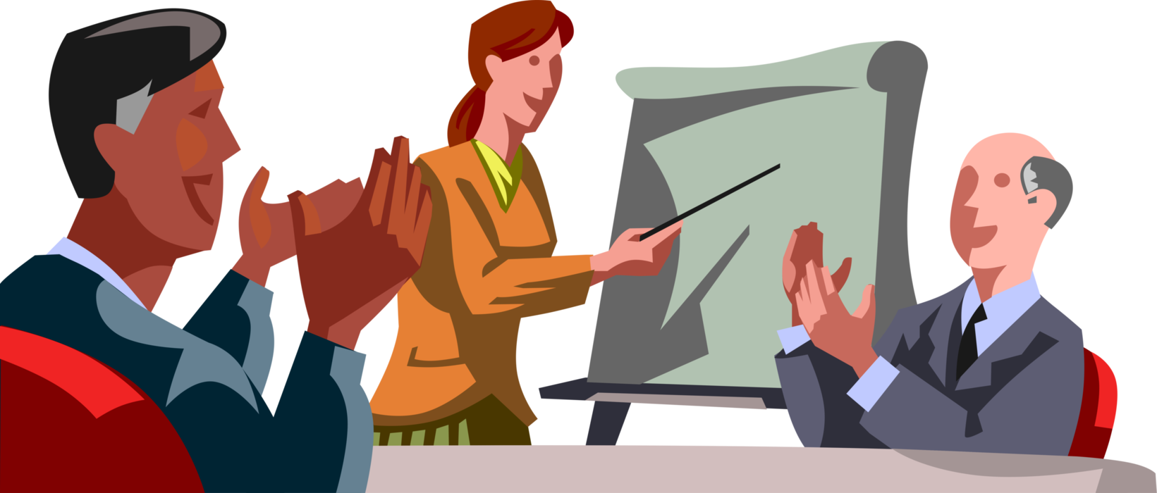 Vector Illustration of Businesswoman Gives Winning Presentation in Office Boardroom with Flip Chart