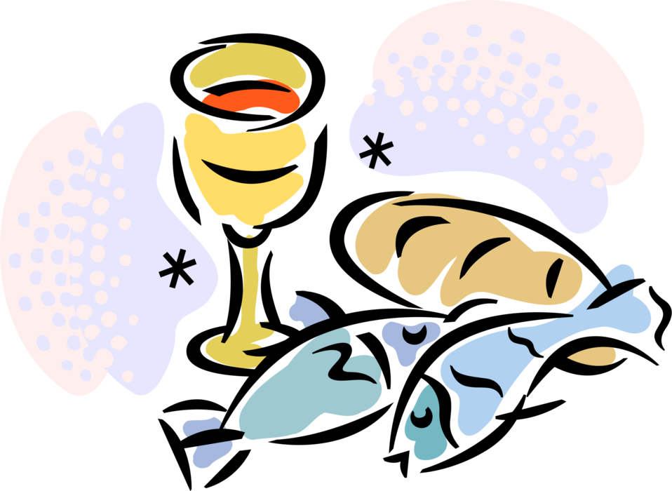 Vector Illustration of Christian Religion Chalice Cup, Fish, Loaves of Bread Miracle Feed the Multitude