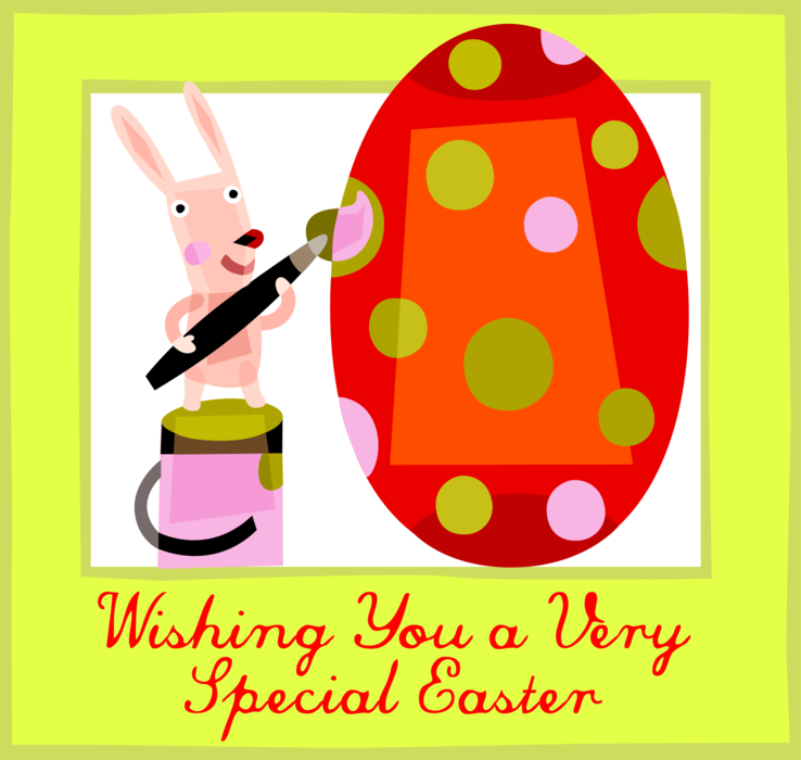 Vector Illustration of Happy Easter Greeting Card with Easter Bunny Rabbit Painting and Coloring Decorated Easter Egg with Paintbrush