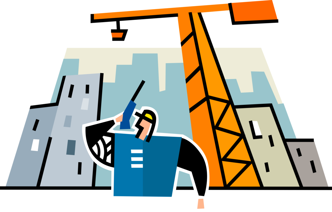 Vector Illustration of Building Construction Site Foreman Communicates Directs Work with Walkie-Talkie