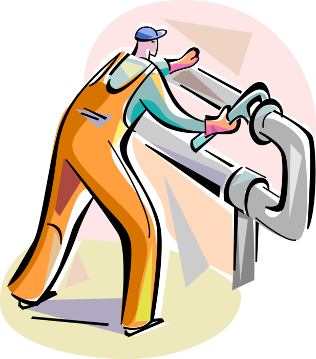 Vector Illustration of Tradesman Plumber Tightens Plumbing Pipe with Pipe Wrench