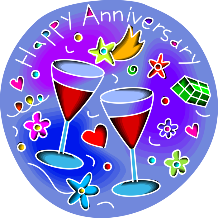 Vector Illustration of Wedding Anniversary Celebration of Marital Wedded Bliss with Wine Glasses Toasting