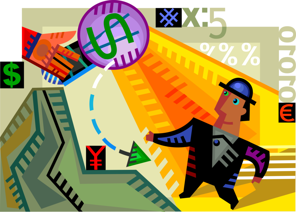 Vector Illustration of Hand Shines Financial Flashlight on Businessman Investing in Japanese Yen NIKKEI 225 Stock Market Index