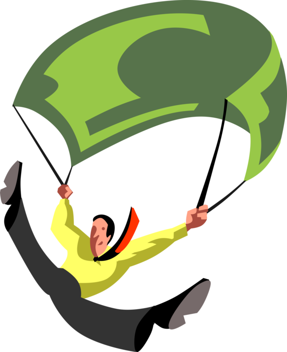 Vector Illustration of Businessman Parachutist with Cash Money Dollar Bill Parachute Floats Down to Earth